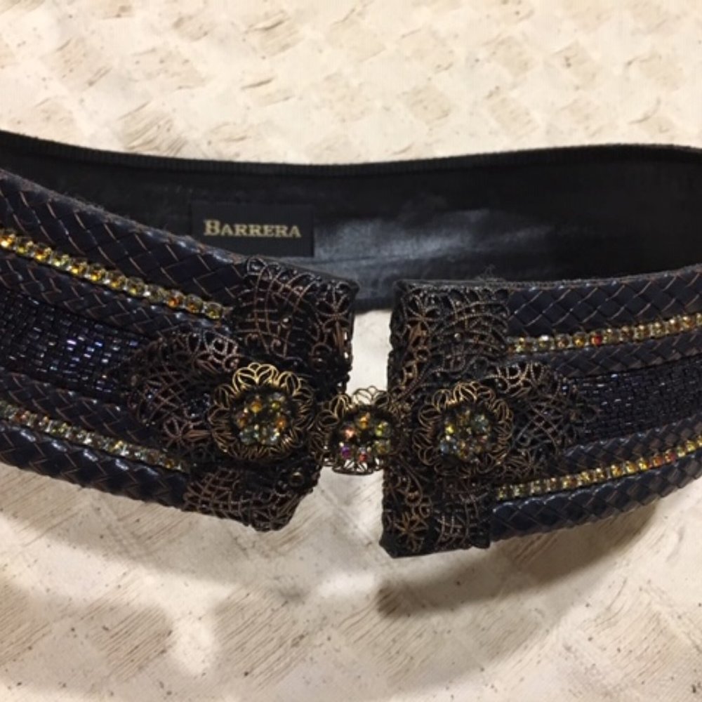 Barrera Beaded Rhinestones Wide Braided Leather BOHO Waist Belt Navy 30" - Picture 7 of 15